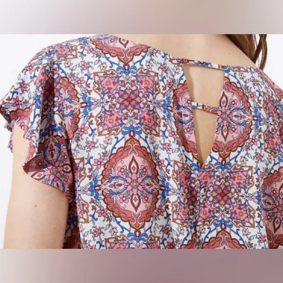 LOFT Large Floral Tile Double Bar Back Flutter Top - Picture 2 of 13